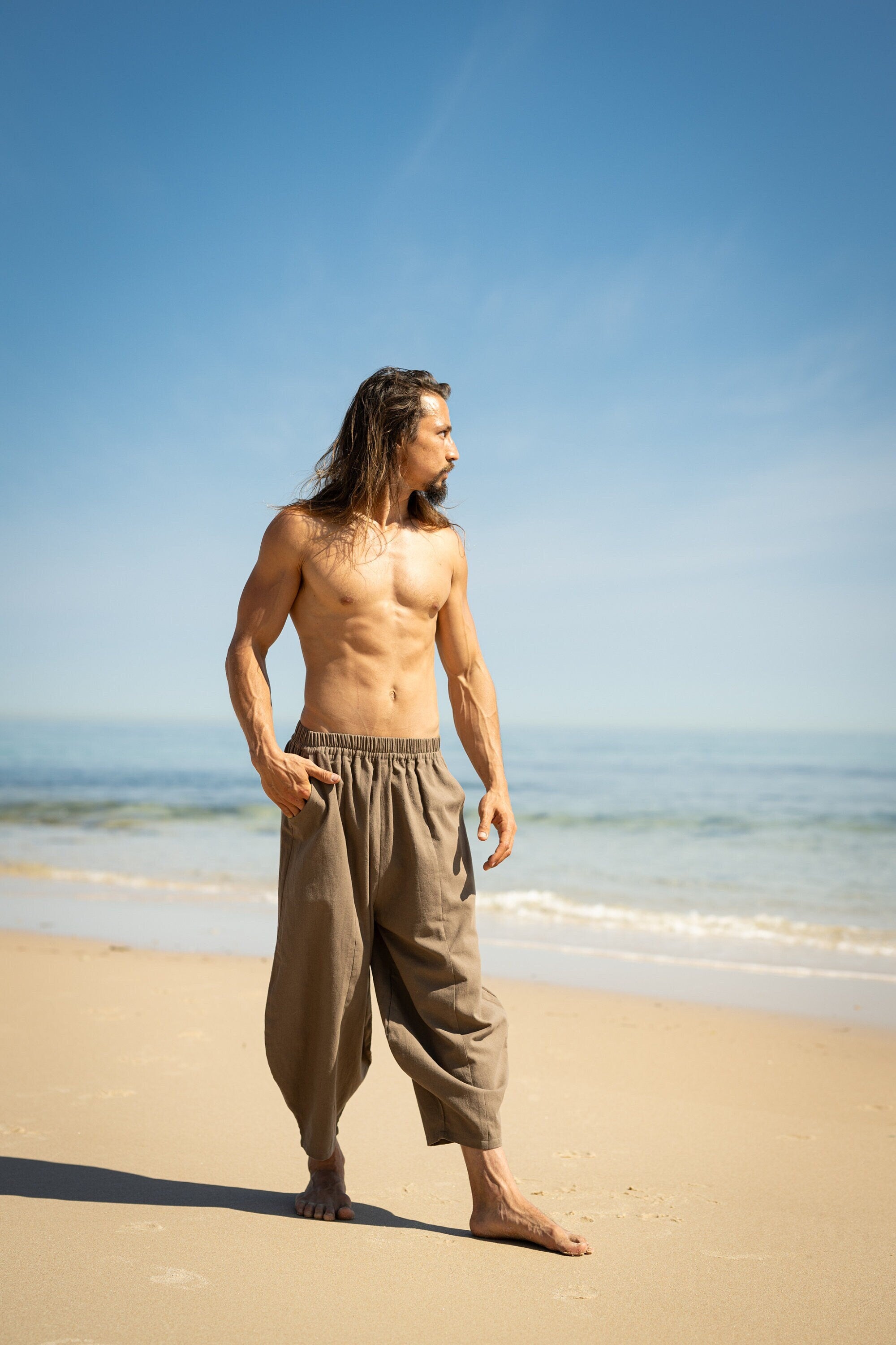 YUGI Beige Mens Cotton Yoga Pants Natural Plant Dyed Pockets Yogi  Breathable Gym Straight Trousers Flexible Drawstring Festival Rave AJJAYA