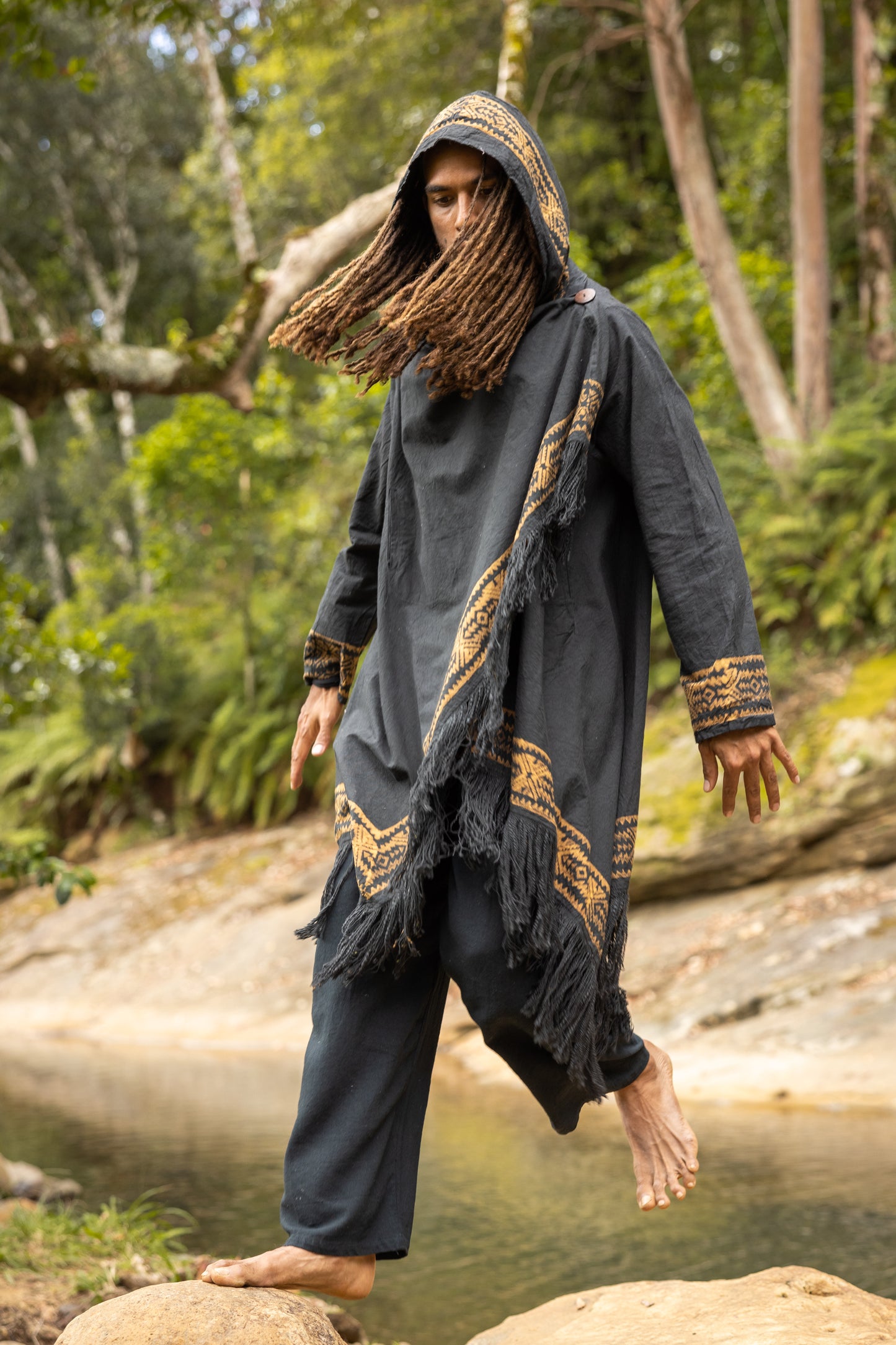 JUBBA Black Mens Hooded Cloak Long Sleeve Poncho Jacket Festival Tribal Dystopian Apocalyptic Block Printed Steampunk Handmade Dune AJJAYA