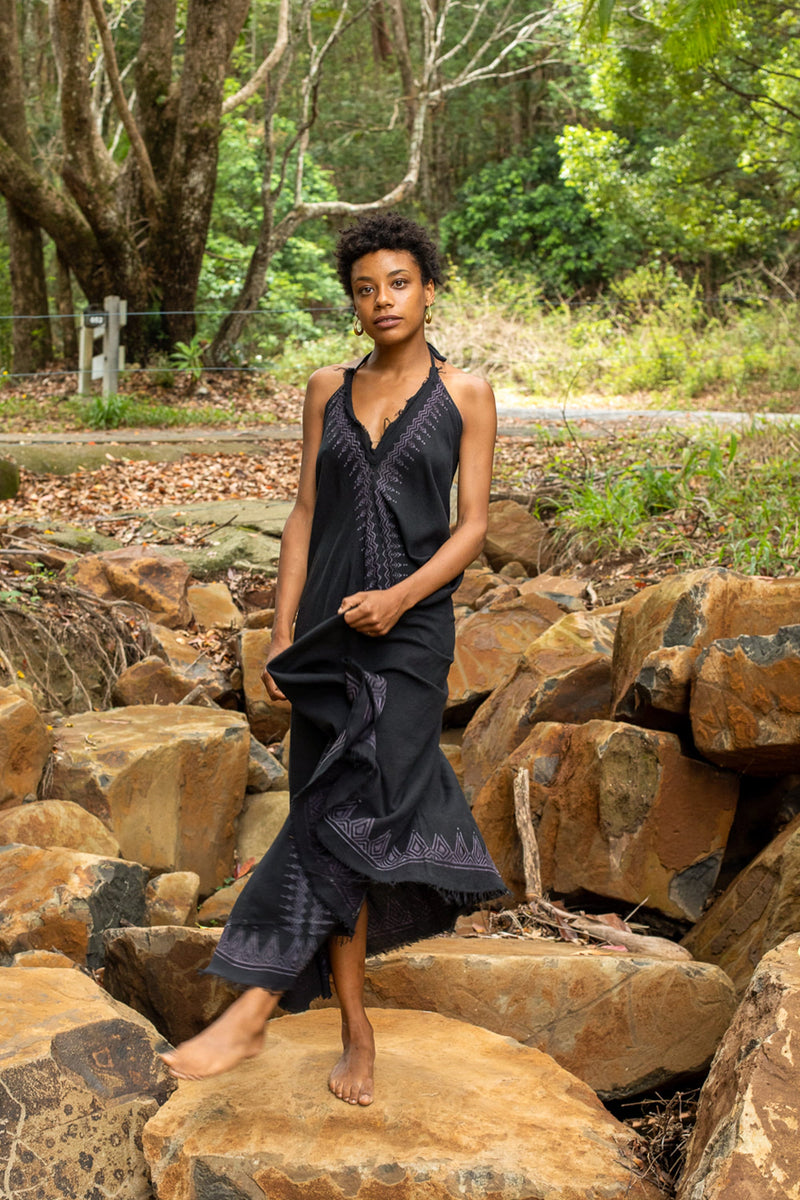 SELENA Long Dress Goddess Black Raven Maxi Open Back Cotton Festival B AJJAYA