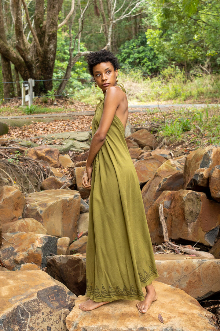 SELENA Long Dress Goddess Olive Green Maxi Open Back Cotton Festival B AJJAYA