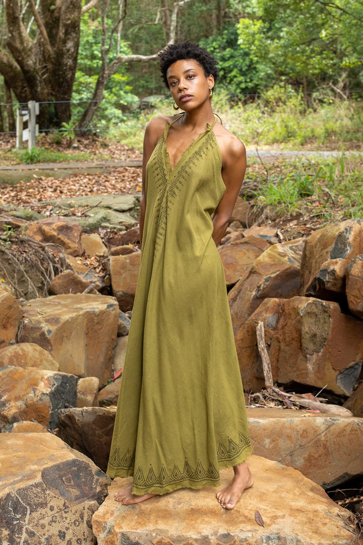 SELENA Long Dress Goddess Olive Green Maxi Open Back Cotton Festival B AJJAYA