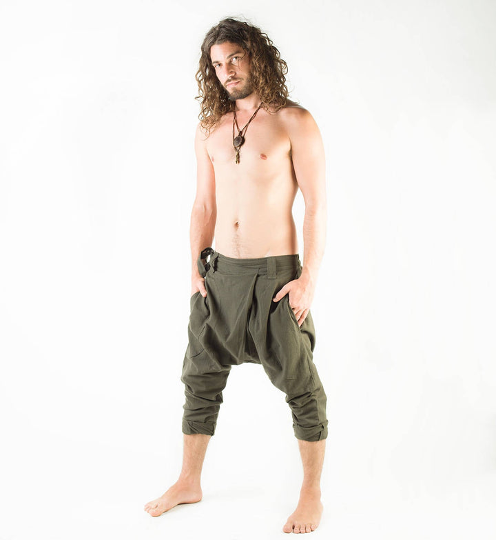 Men s Green Afghani Drop Crotch Harem Pants AJJAYA