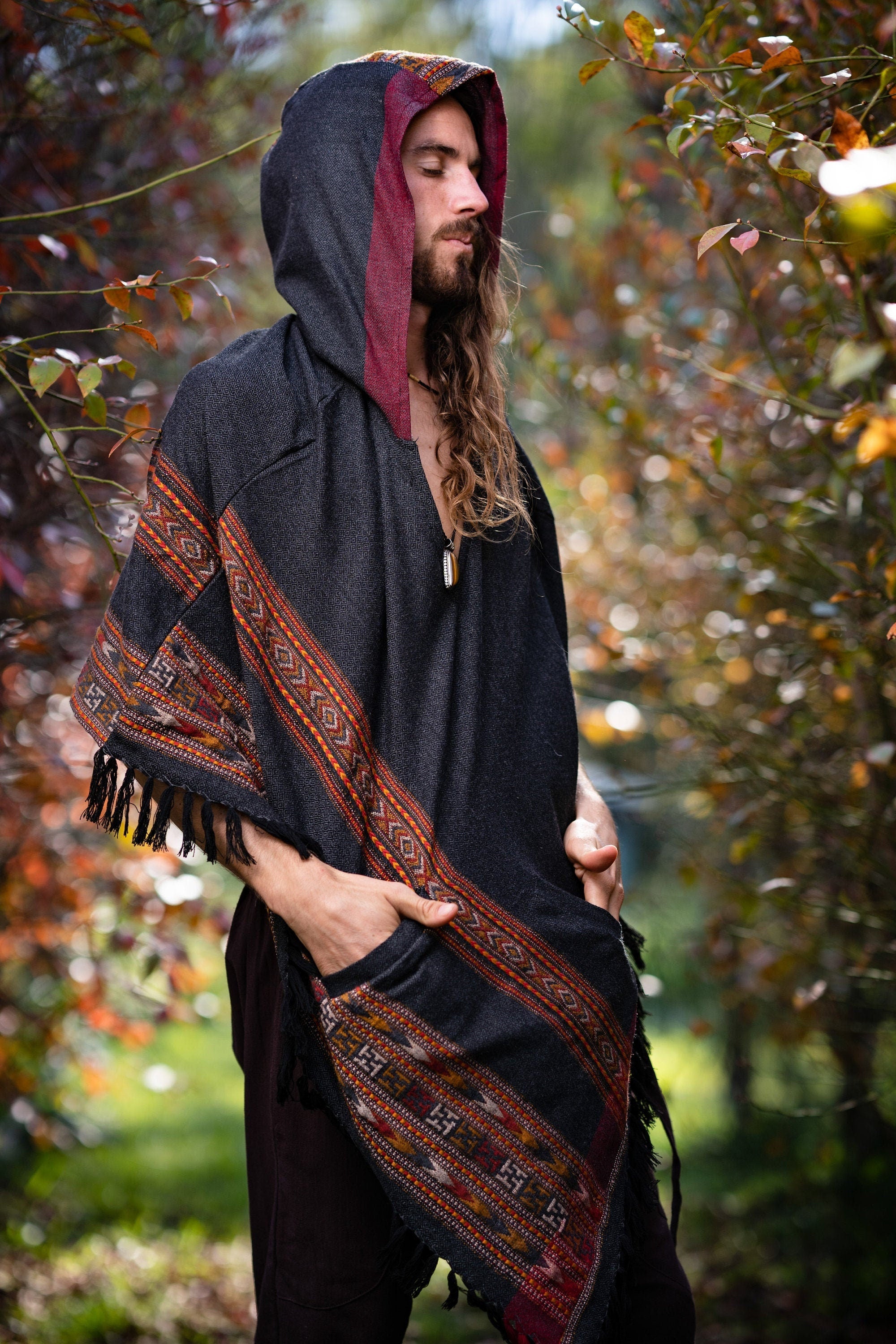 SAMADHI Mens Hooded Poncho Large Hood Yak Wool and Acrylic Wool Blend Dark Grey Tribal Embroidery Celtic Boho Festival Rave Mexican AJJAYA