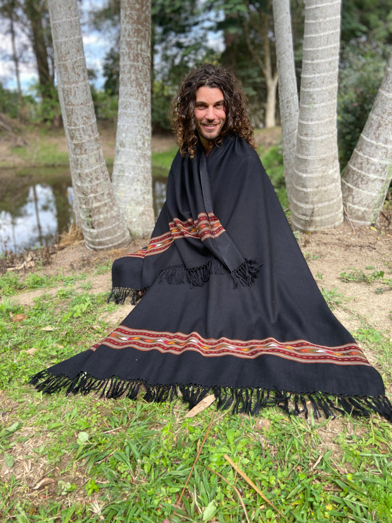 Vintage Black Wool Shawl Throw Cloak - Embroidered Wool Shawl - Wool Blanket Capelet Boho Gypsy Woodland 2024 Granny Witch Shawl Free size OS