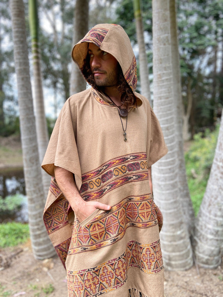 Mens Hooded Poncho Long Cinnamon Brown Cashmere Wool Tribal Embroidery,  Large Hood, Pockets, Hippie, Primitive, Gypsy, Boho festival AJJAYA