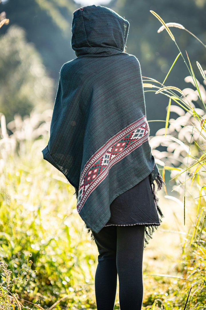 JHANA Hooded Poncho Green Tribal Cashmere and Acrylic Wool Embroidery  Pockets Boho Festival Alternative Nomadic Primitive Hippie AJJAYA