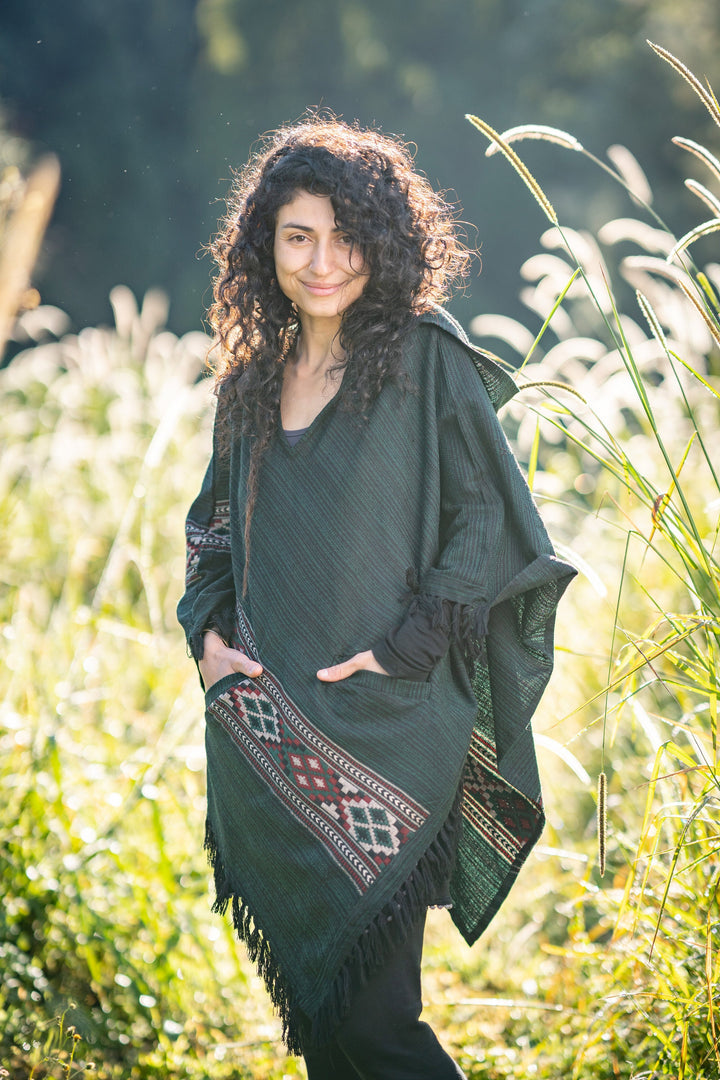 JHANA Hooded Poncho Green Tribal Cashmere and Acrylic | AJJAYA