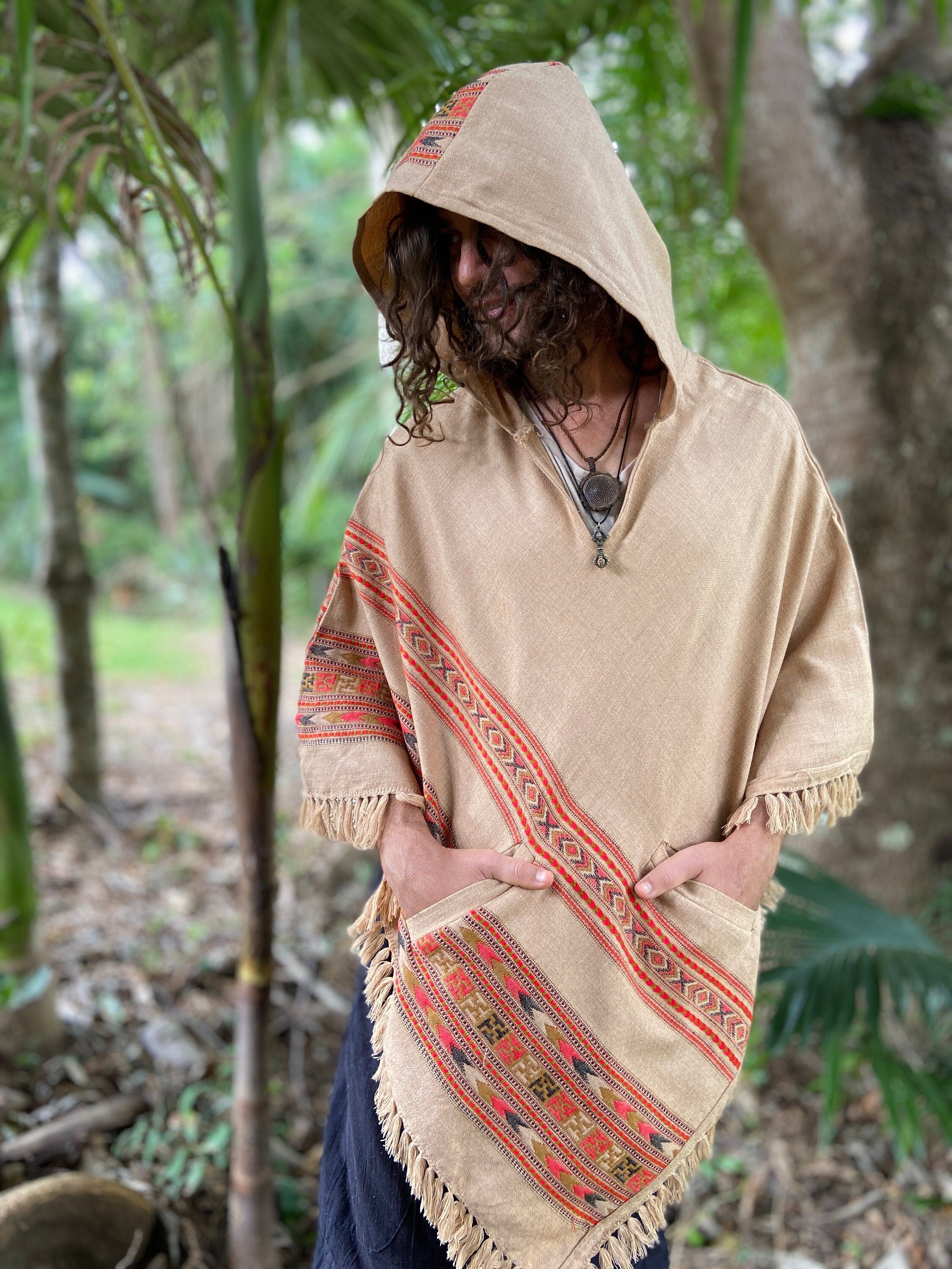 SAMADHI Chai Brown Men's Yak Wool Poncho Handmade | AJJAYA