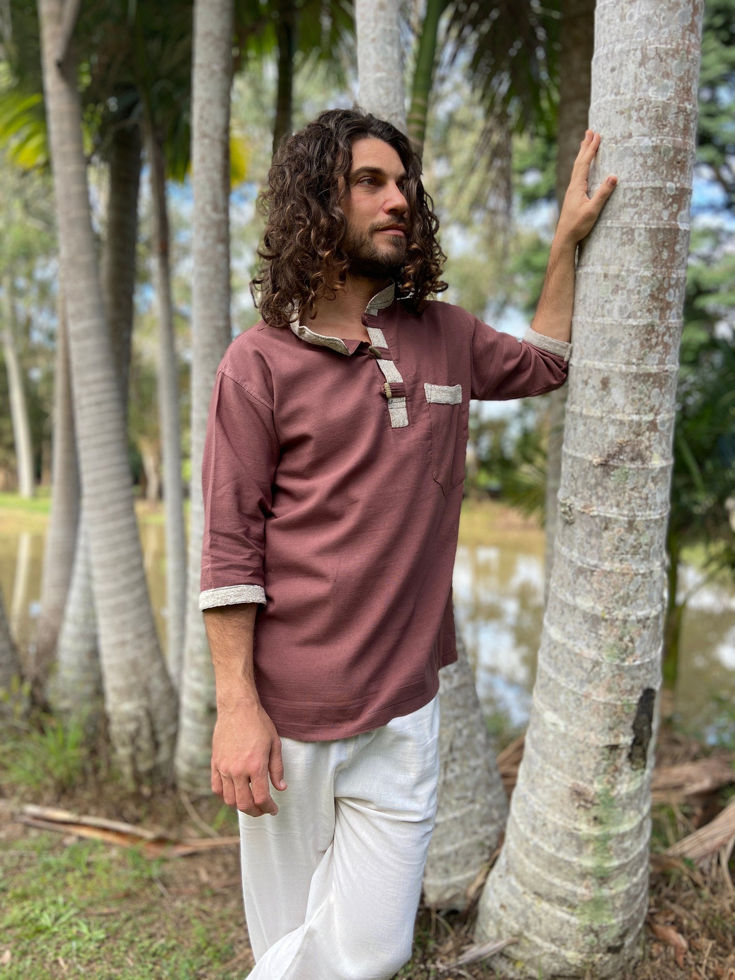 AKUNA Organic Hemp and Cotton Mens Top Maroon Brown, Handmade, Eco friendly Durable Comfortable Earthy Gypsy Boho Ceremony Festival AJJAYA