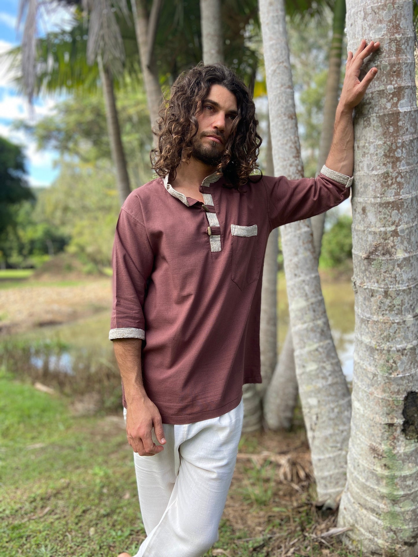 AKUNA Organic Hemp and Cotton Mens Top Maroon Brown, Handmade, Eco friendly Durable Comfortable Earthy Gypsy Boho Ceremony Festival AJJAYA