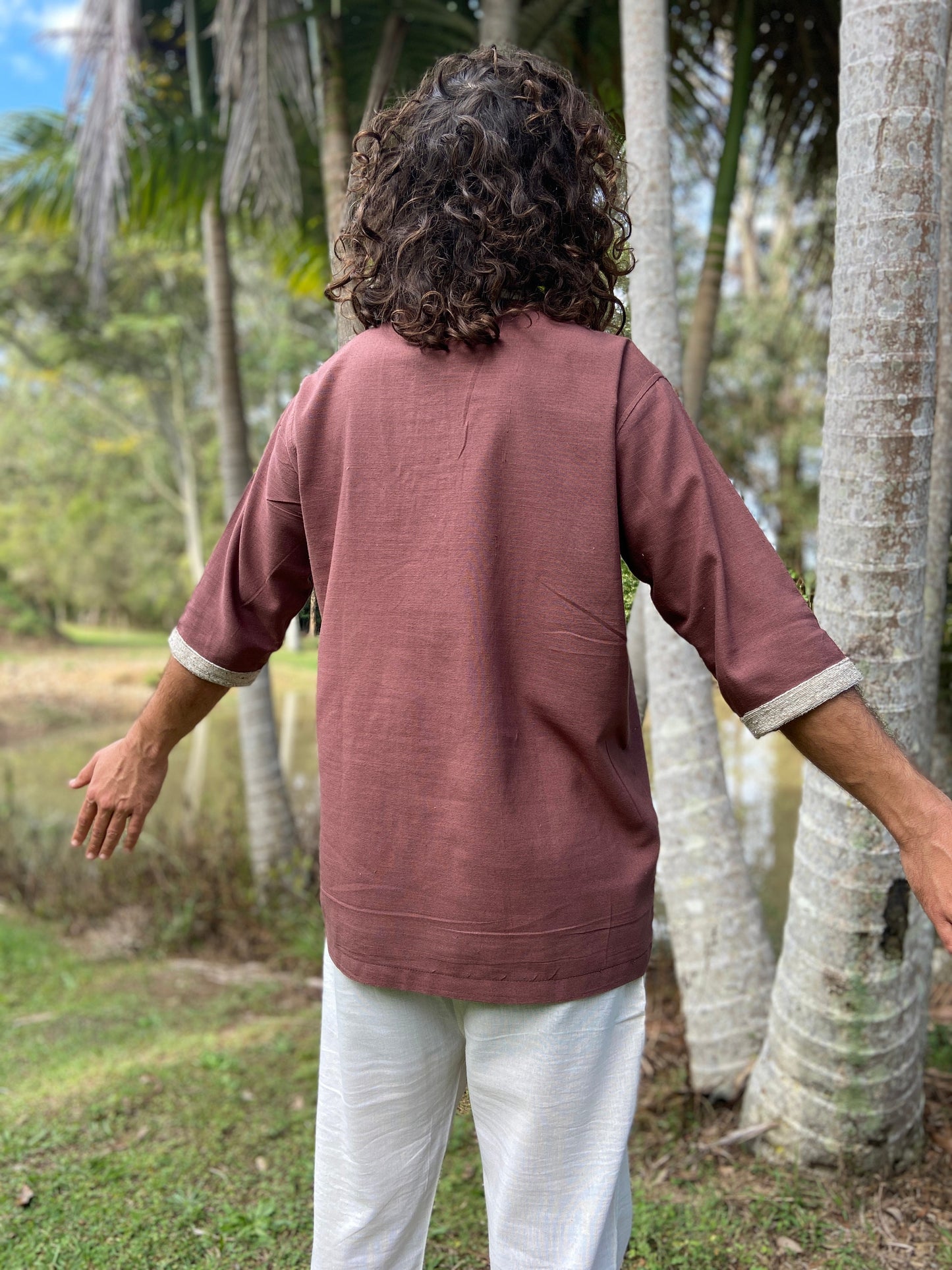 AKUNA Organic Hemp and Cotton Mens Top Maroon Brown, Handmade, Eco friendly Durable Comfortable Earthy Gypsy Boho Ceremony Festival AJJAYA