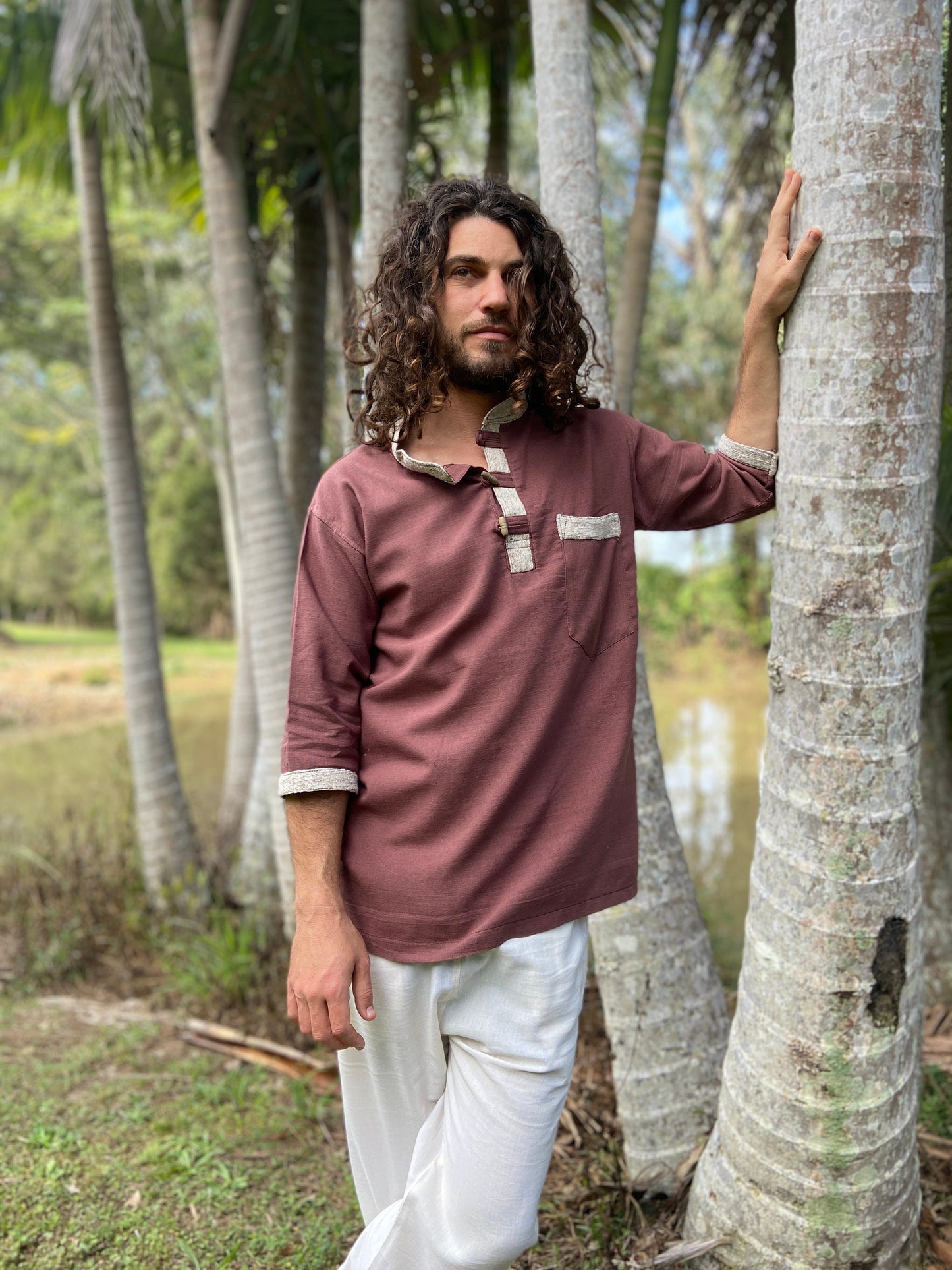 AKUNA Organic Hemp and Cotton Mens Top Maroon Brown, Handmade, Eco friendly Durable Comfortable Earthy Gypsy Boho Ceremony Festival AJJAYA