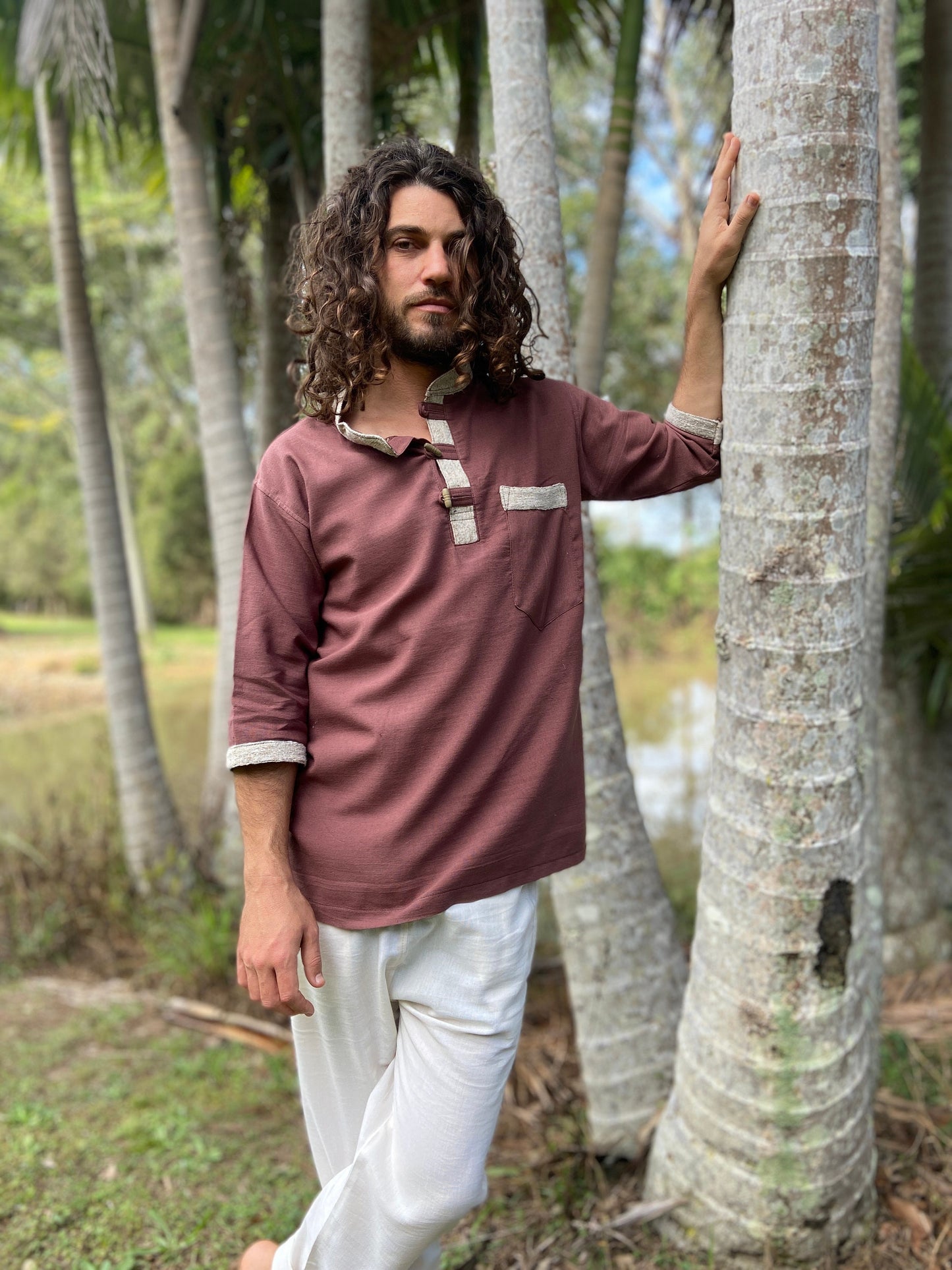 AKUNA Organic Hemp and Cotton Mens Top Maroon Brown, Handmade, Eco friendly Durable Comfortable Earthy Gypsy Boho Ceremony Festival AJJAYA