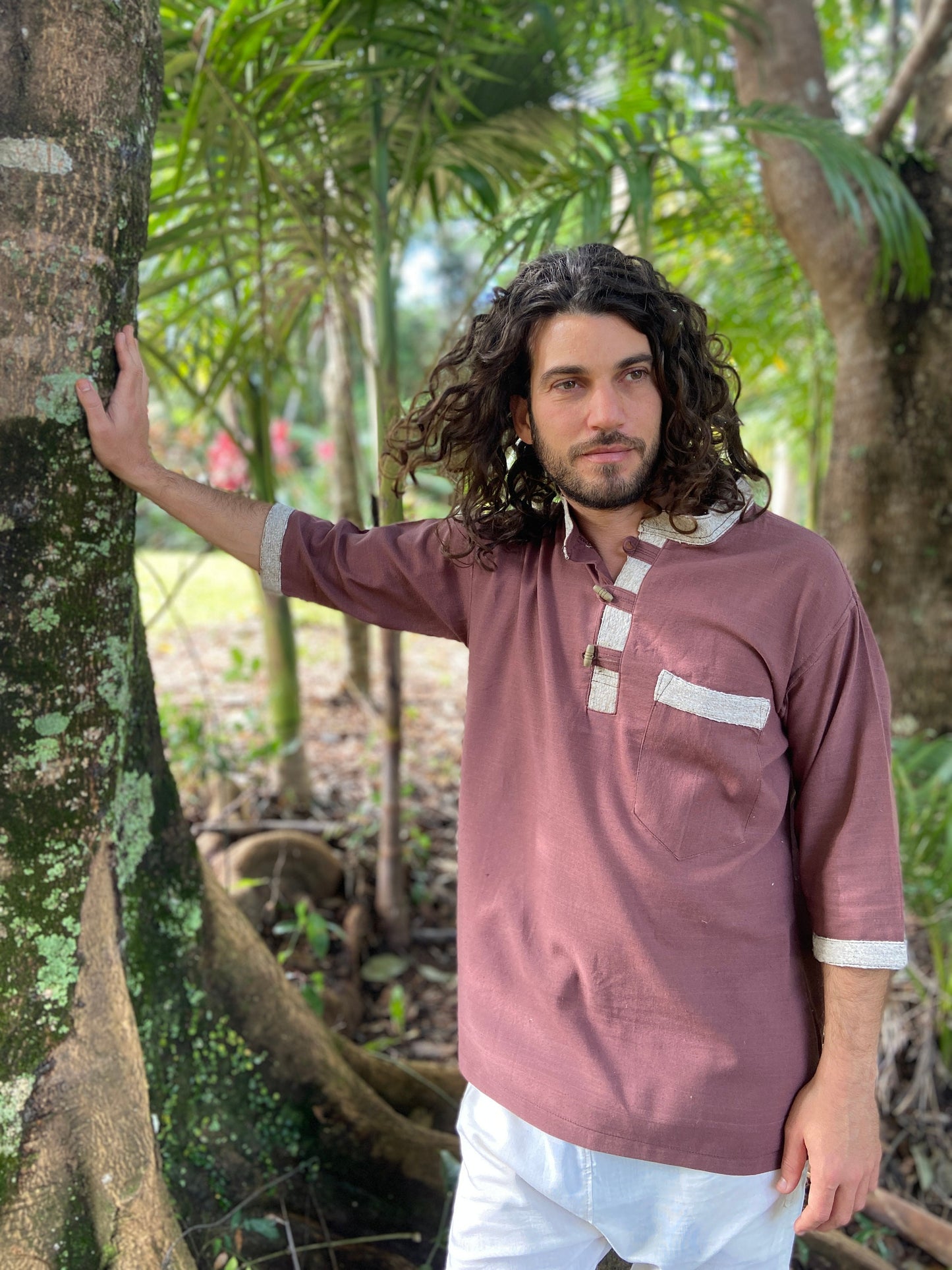 AKUNA Organic Hemp and Cotton Mens Top Maroon Brown, Handmade, Eco friendly Durable Comfortable Earthy Gypsy Boho Ceremony Festival AJJAYA