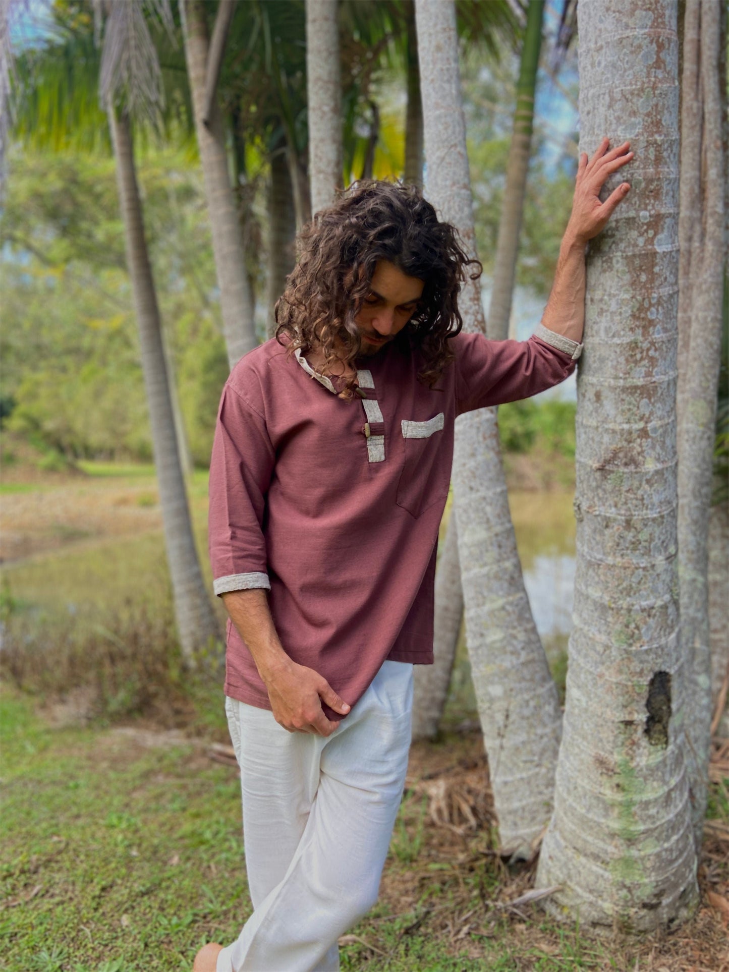 AKUNA Organic Hemp and Cotton Mens Top Maroon Brown, Handmade, Eco friendly Durable Comfortable Earthy Gypsy Boho Ceremony Festival AJJAYA