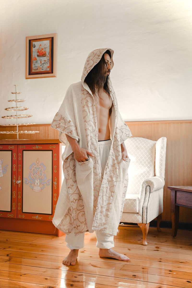 AYAWA Beige Cream Hooded Kimono Cape Poncho Robe AJJAYA