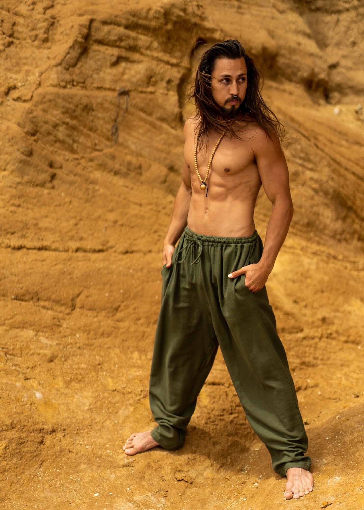 YUGI Beige Mens Cotton Yoga Pants Natural Plant Dyed Pockets Yogi