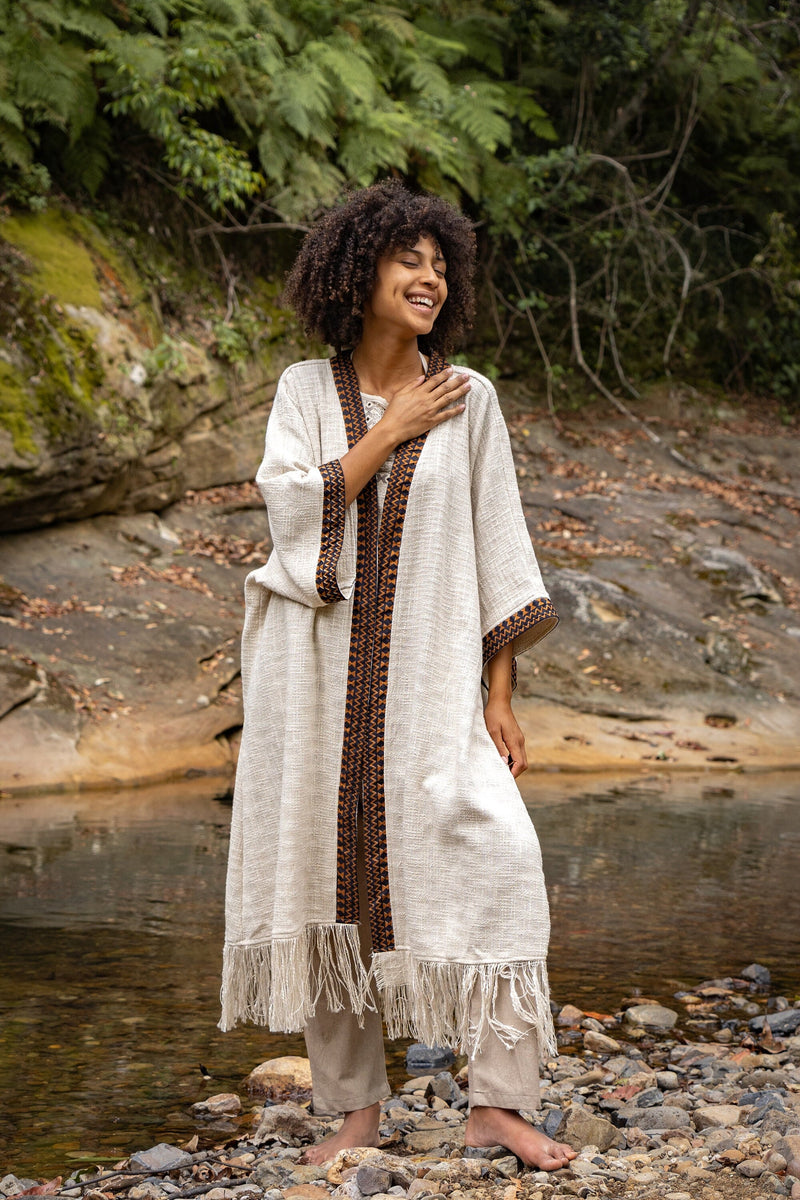 BUNTU Beige Womens Kimono Robe Handmade Tribal African AJJAYA