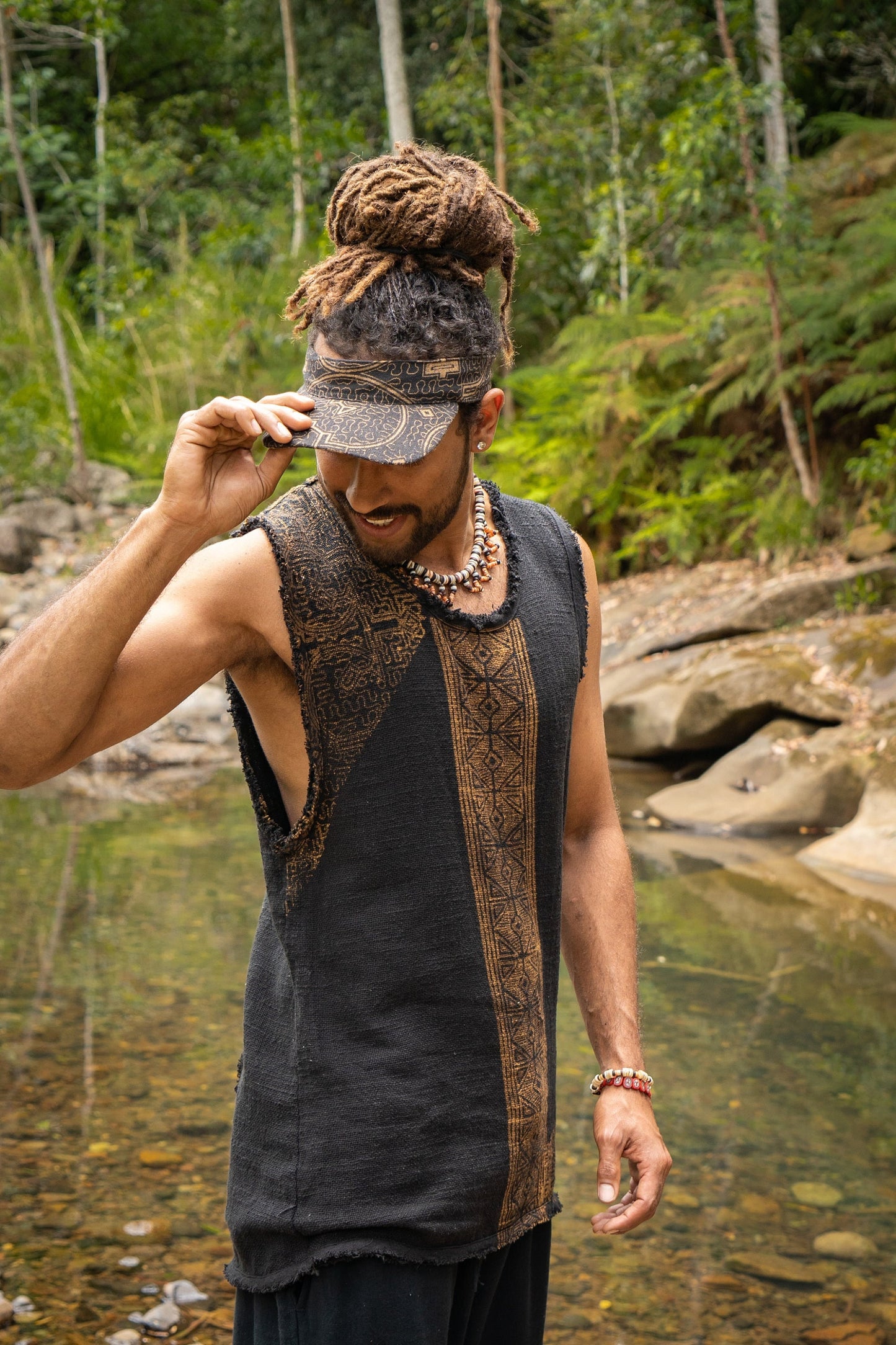 AKAU Beige Tank Top Sleeveless Shirt Shipibo Block Printed Handmade Natural Muscle Cotton Shamanic Tribal Festival Ceremony Ritual AJJAYA