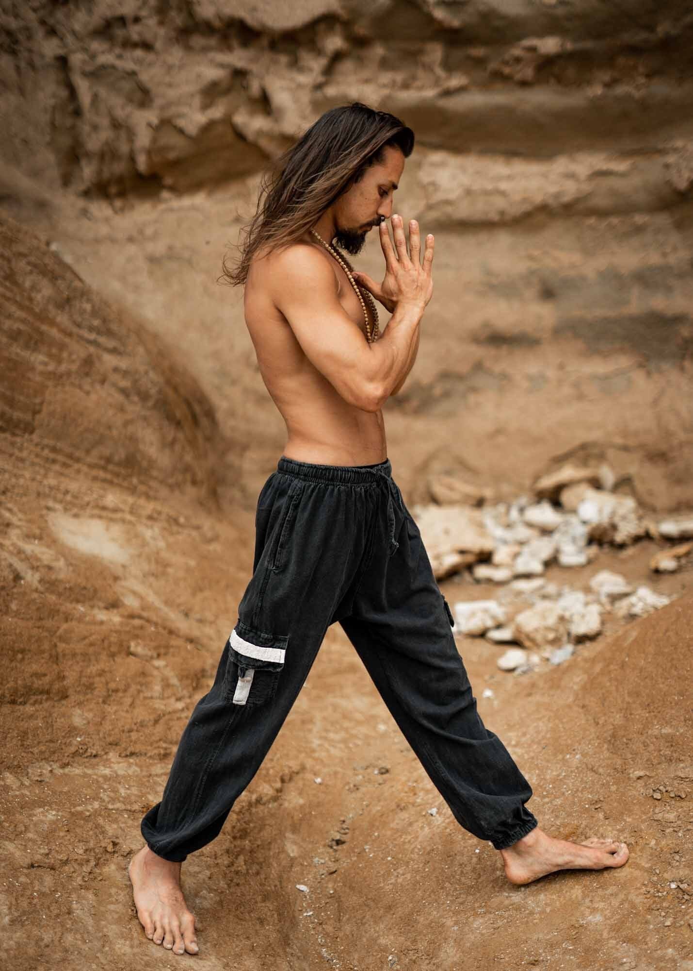 Mens Black Trousers 100% Cotton Yoga Casual Beach Lounge With
