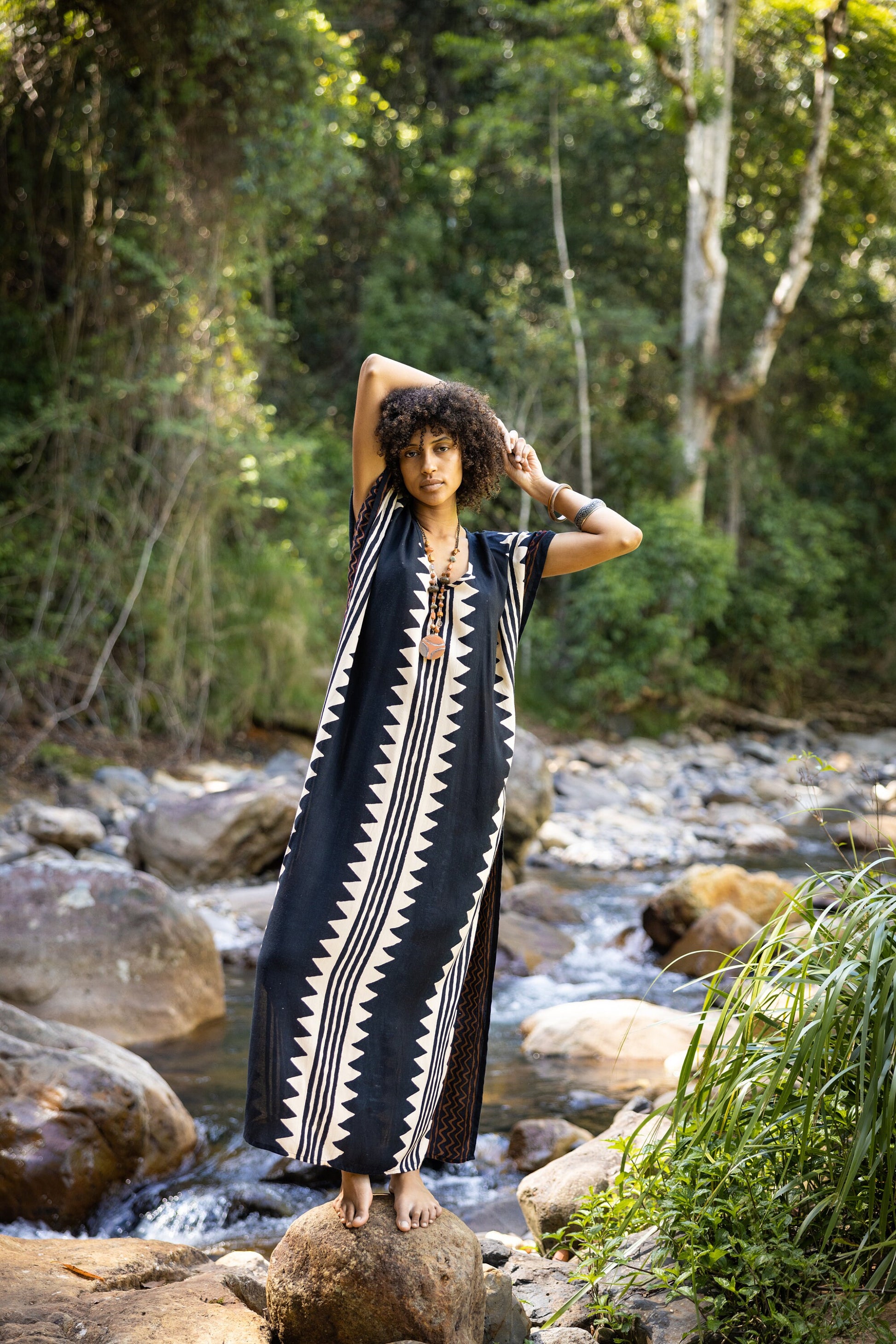 ELGA Kaftan Maxi Long Dress Soft Breathable Cotton-Rayon Fabric Tribal Black White African Patterns Boho Festival Elegant Shamanic AJJAYA