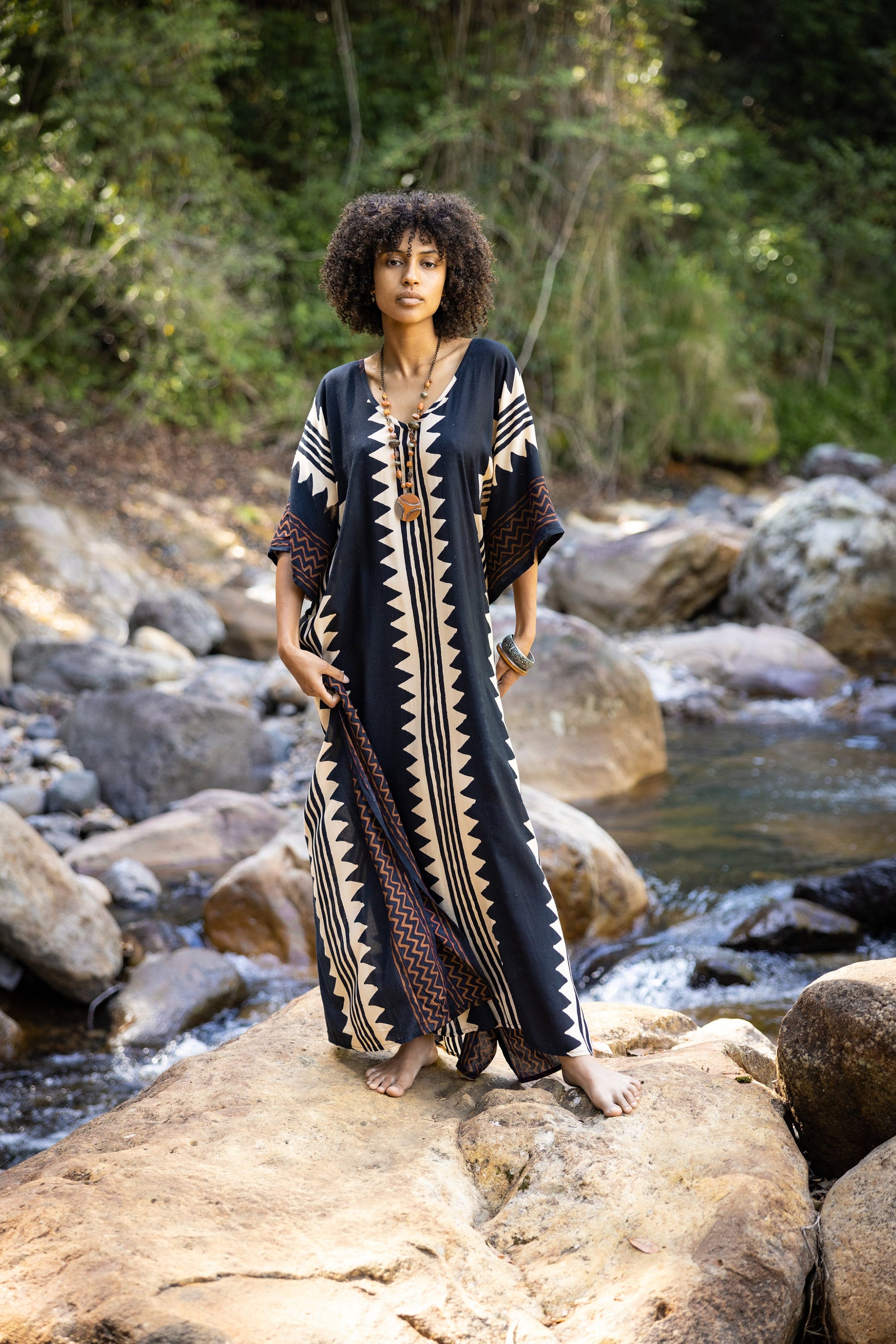 ELGA Kaftan Maxi Long Dress Soft Breathable Cotton-Rayon Fabric Tribal Black White African Patterns Boho Festival Elegant Shamanic AJJAYA