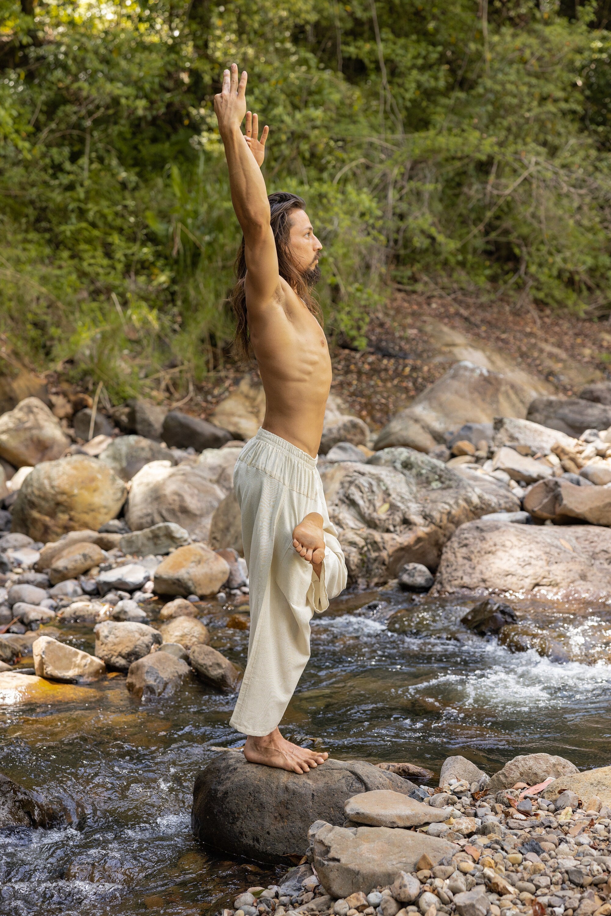 YUGI Beige Mens Cotton Yoga Pants Natural Plant Dyed Pockets Yogi