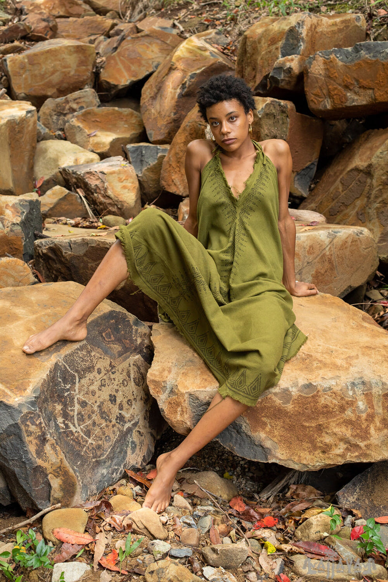 SELENA Long Dress Goddess Olive Green Maxi Open Back Cotton AJJAYA